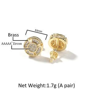 Hip hop gold plated brass round earrings with AAAAA zircon stones for men and women
