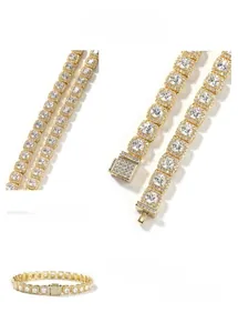 Macro detail of gold hip hop tennis chain featuring square cut cubic zirconia stones