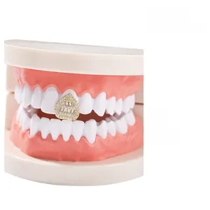 Macro shot of hip-hop single tooth grillz with cubic zirconia on dental model