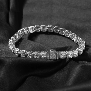 Men's 7mm silver hip hop tennis chain necklace with square zirconia on black silk