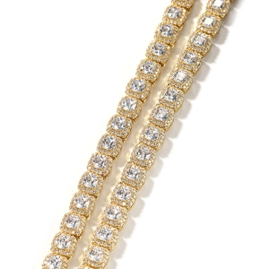 Iced out hip hop necklace with 7mm square cut cubic zirconia stones in gold plating