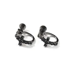 Boucles d'Oreilles Clous Croix Hip Hop de Luxe pour Hommes Laiton Incrusté de Zircone Style Punk Gothique Fermoir à Vis