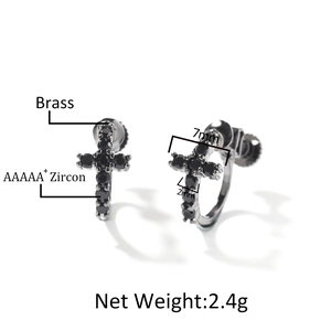Boucles d'oreilles croix pour hommes en laiton avec zircon noir AAAAA+ style hip-hop