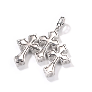 Classic gothic triple cross pendant necklace in silver metal with zircon inlay