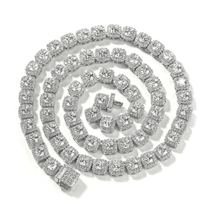 Macro detail of silver hip-hop tennis chain with square zircon stones and halo setting