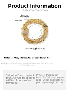 Detail view of 12mm gold plated iced out Cuban link bracelet with size and weight info