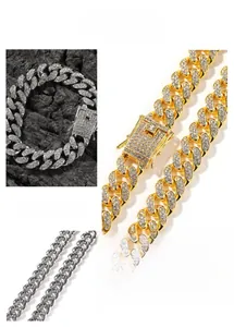 Close-up of 12mm iced out Cuban link bracelet with sparkling rhinestones in gold and silver