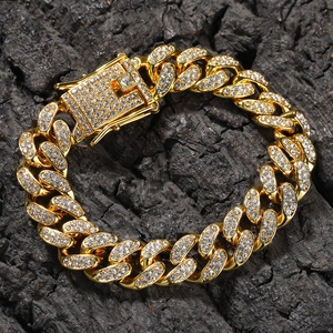 Hip hop 12mm golden Cuban chain bracelet for men with sparkling pavé white rhinestones
