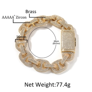 16mm Cuban link brass bracelet with AAAAA+ cubic zirconia and diamond clasp