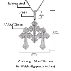 Classic hip hop cross pendant necklace with AAAAA+ cubic zirconia and 60cm stainless steel chain