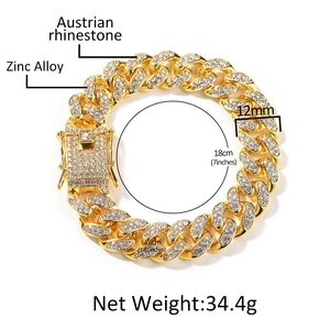Hip hop style 12mm golden cuban link bracelet with sparkling rhinestones for men