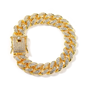 Hip hop 12mm gold plated Cuban link bracelet with iced out crystals and square buckle