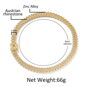 Hip hop 11.5mm gold Cuban chain with Austrian rhinestones and box clasp for men