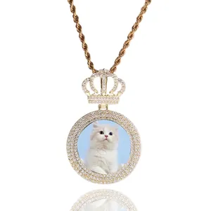 Collier Pendentif Cadre Photo Couronne Hip Hop Laiton Zircone Rond Médaillon de Mémoire Chaîne Corde Bijoux Cadeau