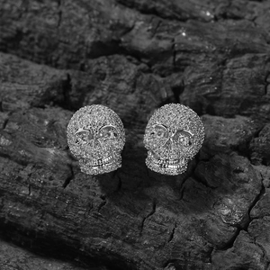 Boucles d'oreilles tête de mort hip hop avec zircons micro-pavés style punk argent