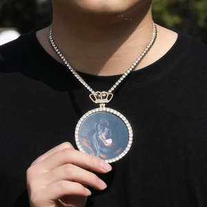 Pendentif photo couronne ronde avec chaîne tennis en plaqué or de style hip hop