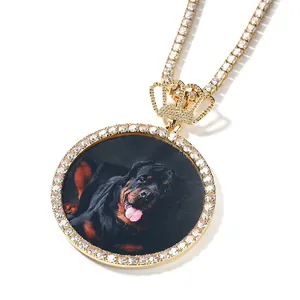 Collier Pendentif Cadre Photo Rond Hip Hop Design Couronne Cuivre Zircone Bijoux Glacés Pour Fête Femmes Hommes Cadeau