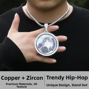 Hip-hop round spinning photo pendant necklace with copper and zircon details