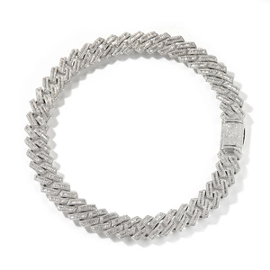 Detail view of 18mm Cuban link necklace with iced out baguette and round zircon stones