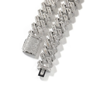 Hip hop 18mm Cuban link chain with pave and baguette cubic zirconia stones in silver finish