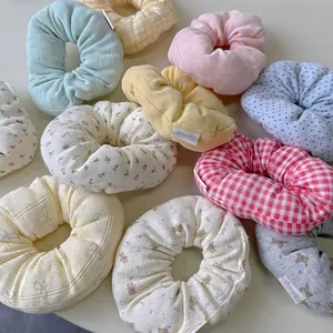 Floral and plaid oversized scrunchie set in pastel colors with cotton filling for women