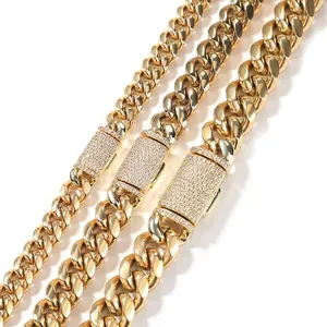 Collier Chaîne Cubaine en Acier Inoxydable Hip Hop Pour Hommes Femmes Plaqué Or Argent Avec Fermoir Box Zirconia Bijoux