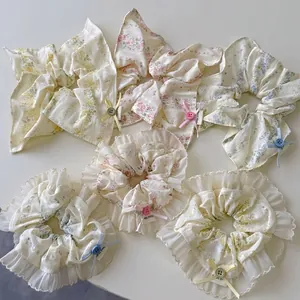 Korean Sweet Floral Bow Scrunchies Lace Trim Fabric Hair Ties Handmade Flower Button Large Intestine Hair Ring For Women Girls