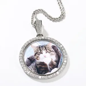 Hip Hop Rotating Double Sided Photo Frame Pendant Necklace Copper Zirconia Iced Out Medallion Memory Jewelry For Men Women