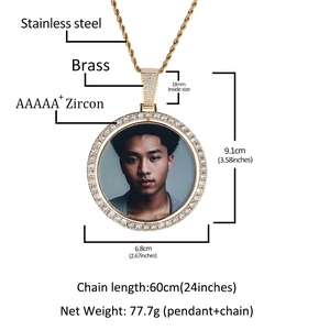 Hip hop rotating round photo pendant necklace with iced out AAA+ cubic zirconia