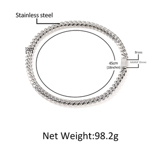Collier maille cubaine 10mm en acier inoxydable avec fermoir boîte serti de zircons AAAAA