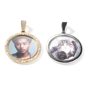 Custom rotating double-sided photo pendant with sparkling crystals and metal base