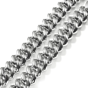 Collier cubain 20mm argenté style hip hop serti de deux rangées de zircons brillants