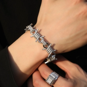 Hip hop silver thorn chain necklace with crystals and matching ring for men punk style