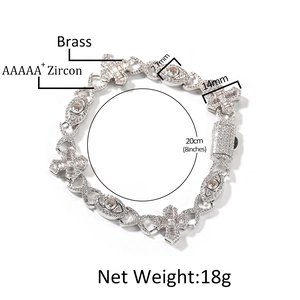 Men's hip hop brass cross and eye bracelet with AAAAA+ cubic zirconia stones