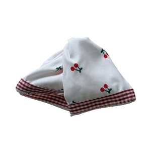 Lace cherry scrunchie with red gingham trim and white fabric for women hair styling