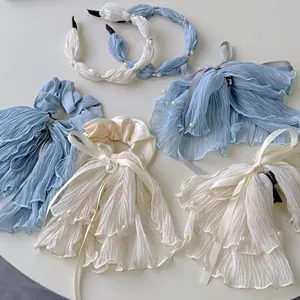 Chouchou en Maille Plissée Élégant Barrette à Nœud Serre-tête en Künstliche Perles de Culture Ruban en Mousseline pour Femmes