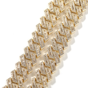 Golden 18mm Cuban link chain necklace with geometric pavé-set square zircon stones