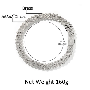 18mm heavy Cuban chain necklace with AAAAA zircon in silver-plated brass finish