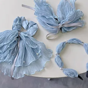 Ensemble d'accessoires de cheveux bleu clair en tulle plissé élégant avec perles