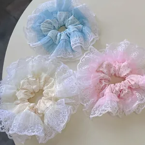 Lot de 3 chouchous style français bleu rose blanc à pois avec bordure en dentelle