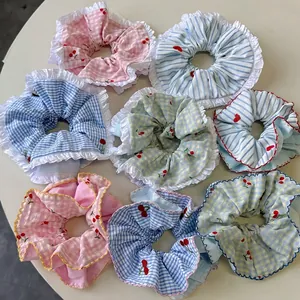 Korean Style Sweet Large Scrunchies Cherry Heart Embroidery Gingham Striped Lace Ruffle Hair Ties For Women Ponytail Accessories