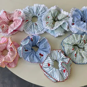 Striped scrunchies with cherry embroidery and lace trim for women's hair styling