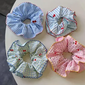 Set of 4 Korean style scrunchies with stripes and cherry embroidery hair accessories