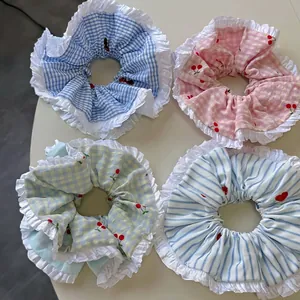 Floral striped cherry scrunchies with ruffles and embroidery for women hair