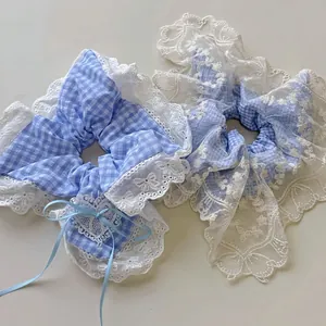 Sea Salt Blue Gingham Plaid Scrunchies With White Lace Heart Bow Handmade Fresh Sweet Large Hair Ties For Women Daily Accessories