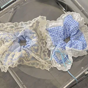 French style sea salt blue plaid scrunchie set with lace and ribbon bow detailing