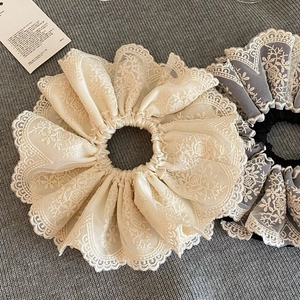 French vintage lace embroidery scrunchie in beige and black mesh floral hair accessory