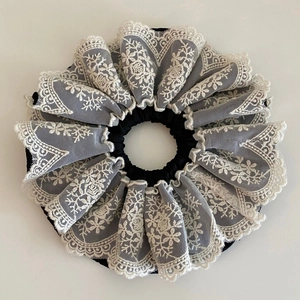 French lace scrunchie in black and white, oversized ruffled hair accessory for women