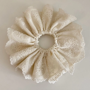 Elegant French style beige lace scrunchie with intricate floral embroidery for women
