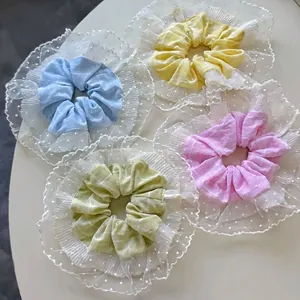 Chouchou en Dentelle Style Français Tissu Surdimensionné à Carreaux à Pois en Maille Élastique à Cheveux Doux Élégant Femme Bijoux